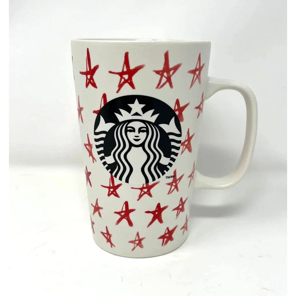 Starbucks Tall Red Star Black‎ Siren Mermaid Logo Coffee Cup Mug 16 oz 2014